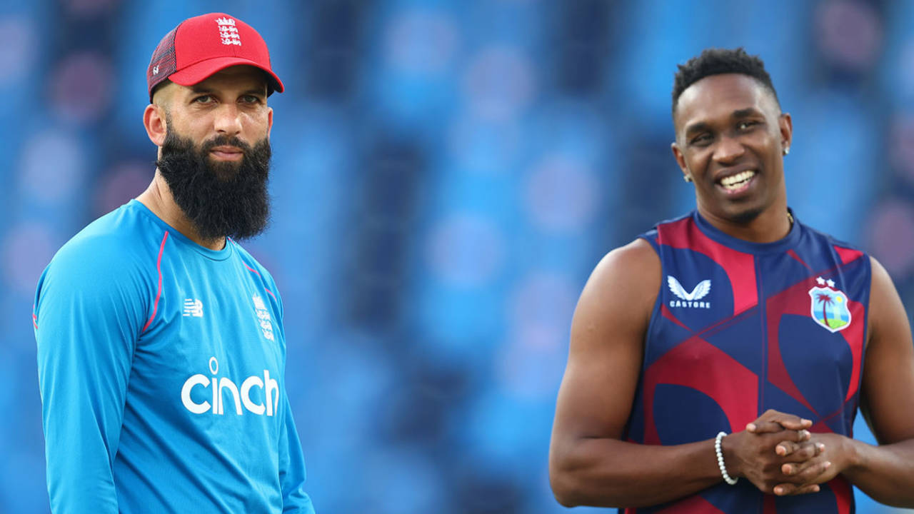Moeen Ali and Dwayne Bravo catch up before a T20 World Cup fixture, England vs West Indies, T20 World Cup 2021, Super 12s, Dubai, October 23, 2021