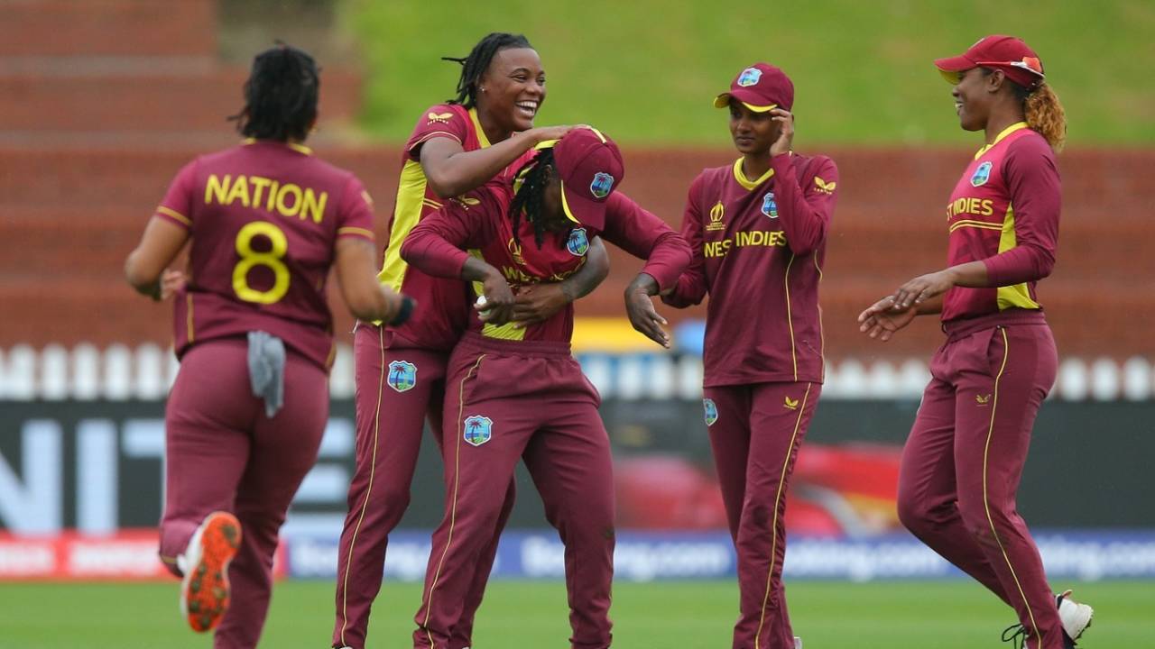 West Indies players celebrate the wicket of Laura Wolvaardt, South Africa vs West Indies, Women's World Cup, Wellington, March 24, 2022