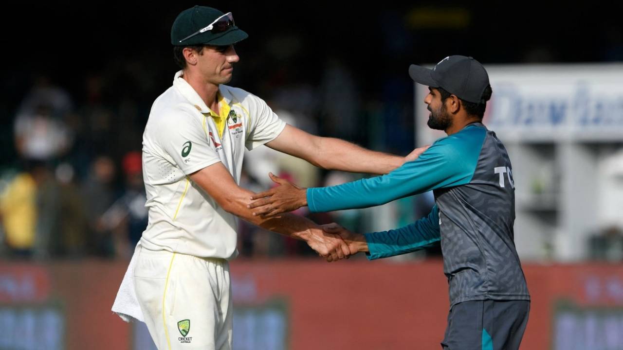 Pat Cummins and Babar Azam greet each other after Australia won the series against Pakistan, Pakistan vs Australia, 3rd Test, Lahore, 5th day, March 25, 2022