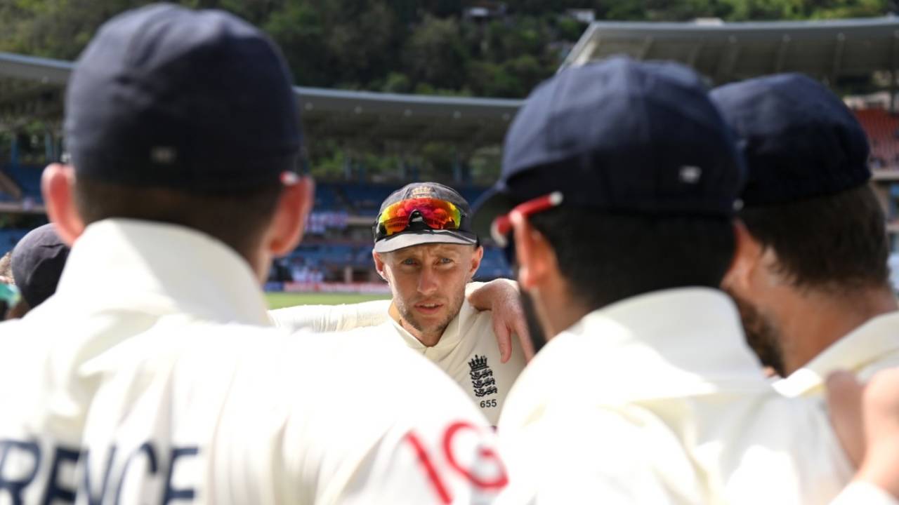 Joe Root speaks to his team ahead of the second day's play, West Indies vs England, 3rd Test, Grenada, 2nd day, March 25, 2022