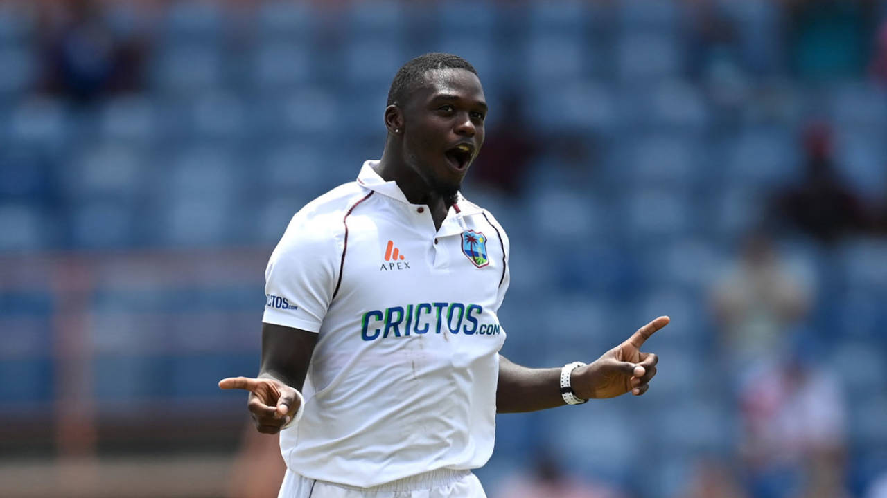 Jayden Seales celebrates the wicket of Zak Crawley, West Indies vs England, 3rd Test, Grenada, 3rd day, March 26, 2022