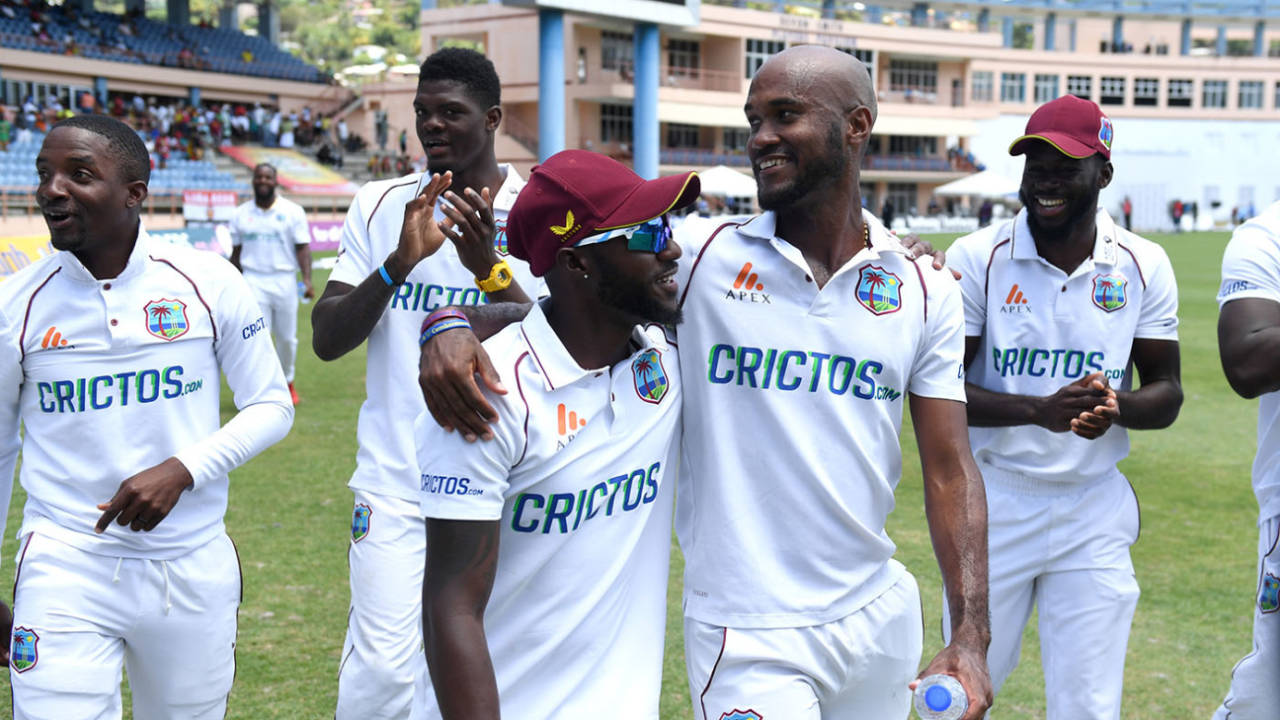 Kraigg Brathwaite and Jermaine Blackwood lead the lap of honour, West Indies vs England, 3rd Test, Grenada, 4th day, March 27, 2022