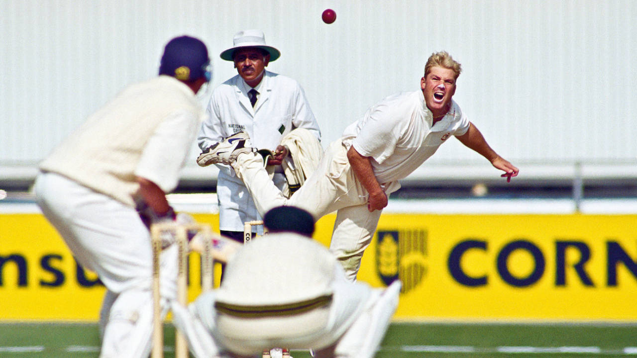 Shane Warne bowls during the third Ashes Test at Old Trafford, Manchester, July 4 1997
