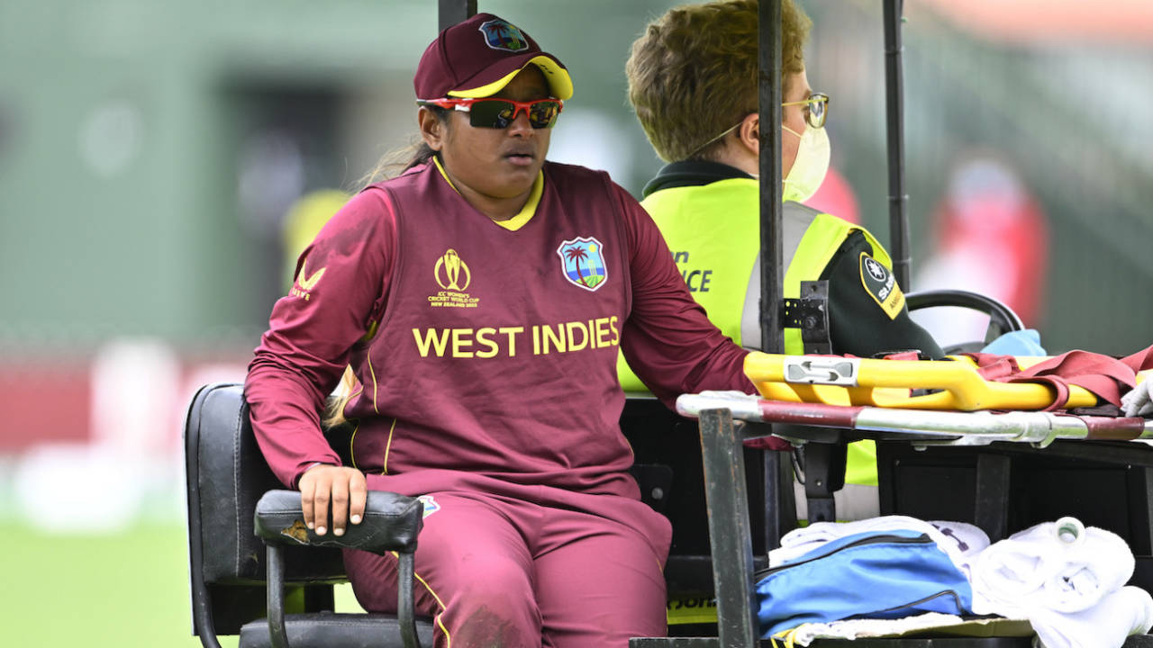 Anisa Mohammed is taken off in a cart after hurting her hamstring, Australia vs West Indies, 2022 Women's ODI World Cup, 1st semi-final, Wellington, March 30, 2022