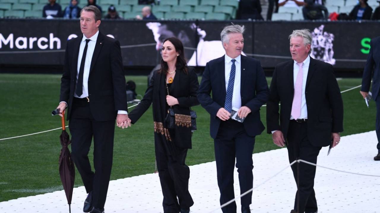 Allan Border and Mark Taylor tell stories at the state memorial for Shane Warne, Melbourne, March 30, 2022