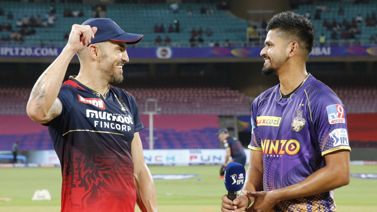 Faf du Plessis and Shreyas Iyer share a laugh at the toss, Kolkata Knight Riders vs Royal Challengers Bangalore, IPL 2022, Navi Mumbai, March 30, 2022