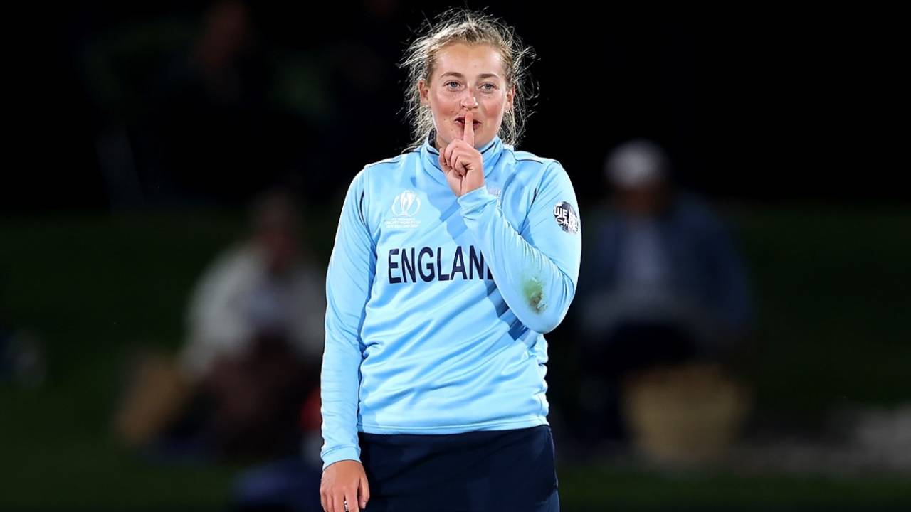 Sophie Ecclestone gestures after dismissing Shabnim Ismail, South Africa vs England, Women's World Cup 2022, 2nd semi-final, March 31, 2022