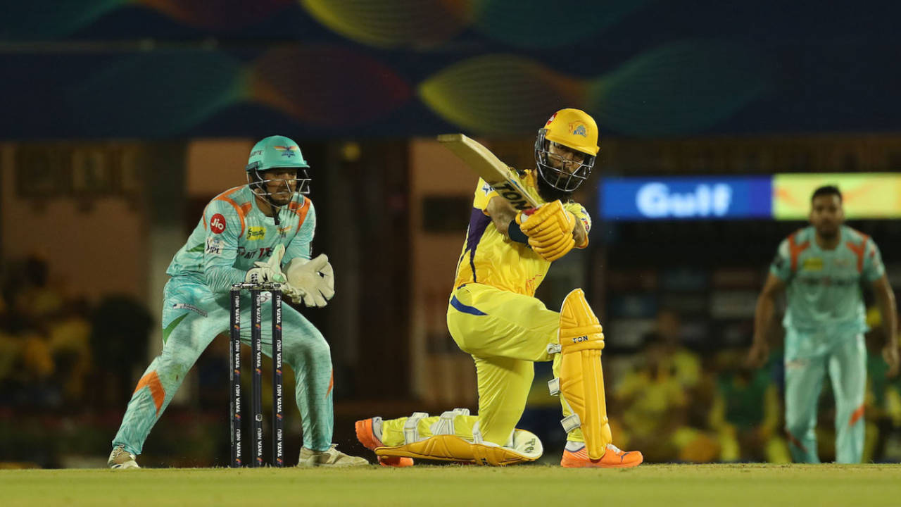 Moeen Ali slog-sweeps the ball behind square, Chennai Super Kings vs Lucknow Super Giants, IPL 2022, Mumbai, March 31, 2022