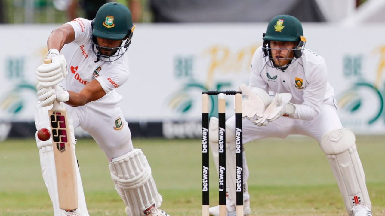 Najmul Hossain Shanto defends off the front foot, South Africa vs Bangladesh, 1st Test, Durban, April 1, 2022 