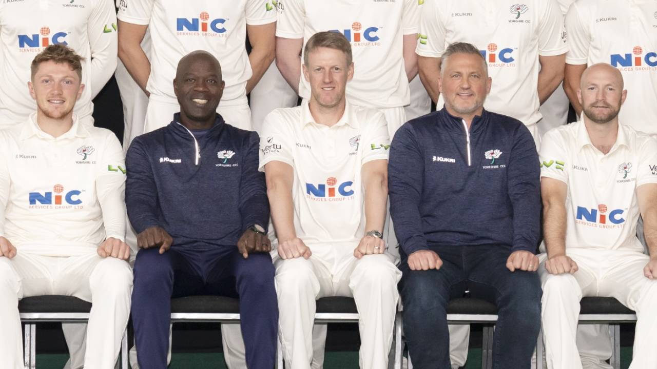 Ottis Gibson and Darren Gough flank Steve Patterson, Yorkshire's captain, at the club's media day
