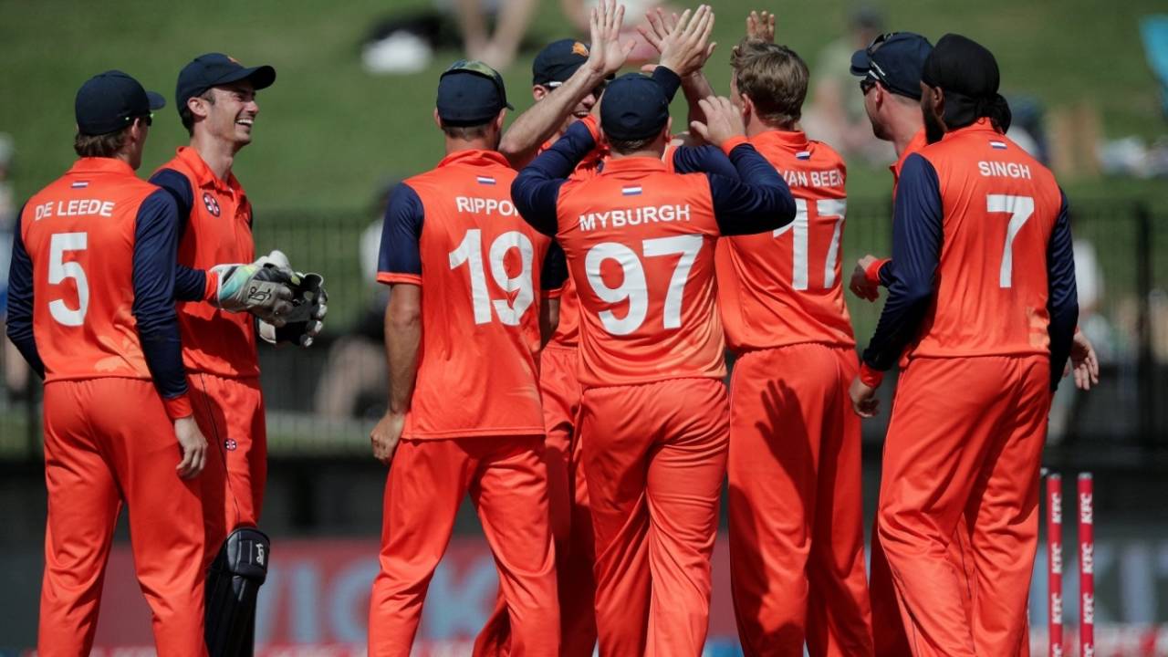 The Netherlands players celebrate the wicket of Will Young, New Zealand vs Netherlands, 2nd ODI, Hamilton, April 2, 2022
