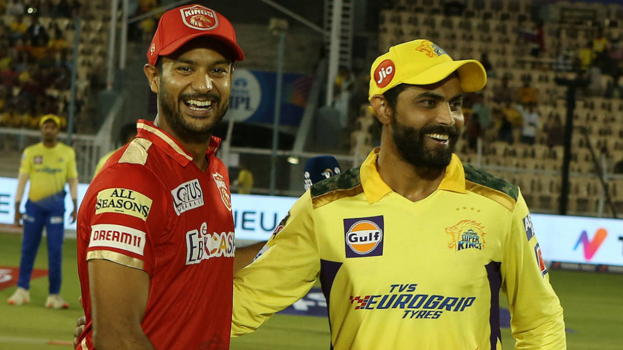 Mayank Agarwal and Ravindra Jadeja share a laugh at the toss, Chennai Super Kings vs Punjab Kings, IPL 2022, Mumbai, April 3, 2022