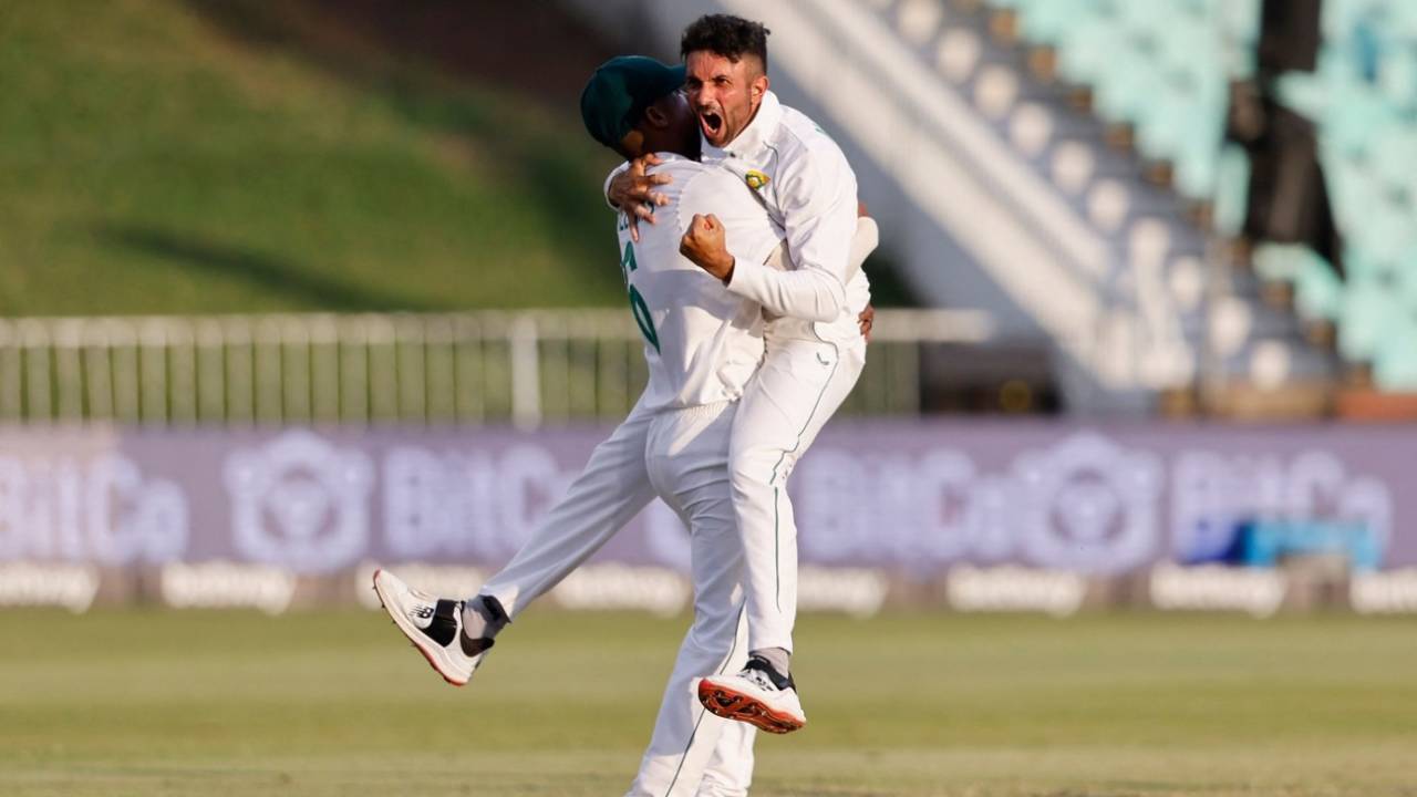 Keshav Maharaj is ecstatic after picking the wicket of Mahmudul Hasan Joy, South Africa vs Bangladesh, 1st Test, Durban, 4th Day, April 3, 2022
