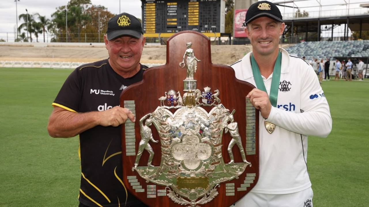 Father and son - Shaun Marsh and Geoff Marsh pose with the Sheffield Shield title&nbsp;&nbsp;&bull;&nbsp;&nbsp;Getty Images