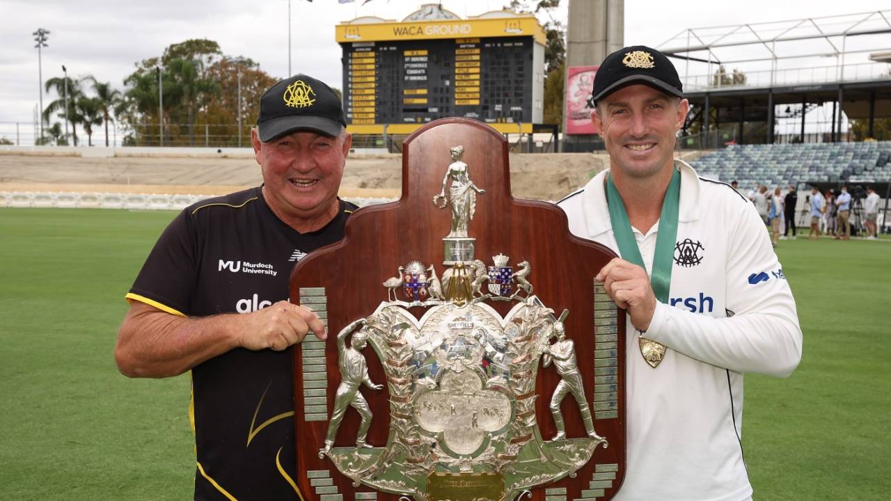 Father and son - Shaun Marsh and Geoff Marsh pose with the Sheffield Shield title, Western Australia vs Victoria, Sheffield Shield final, Day 5, Perth, April 2, 2022