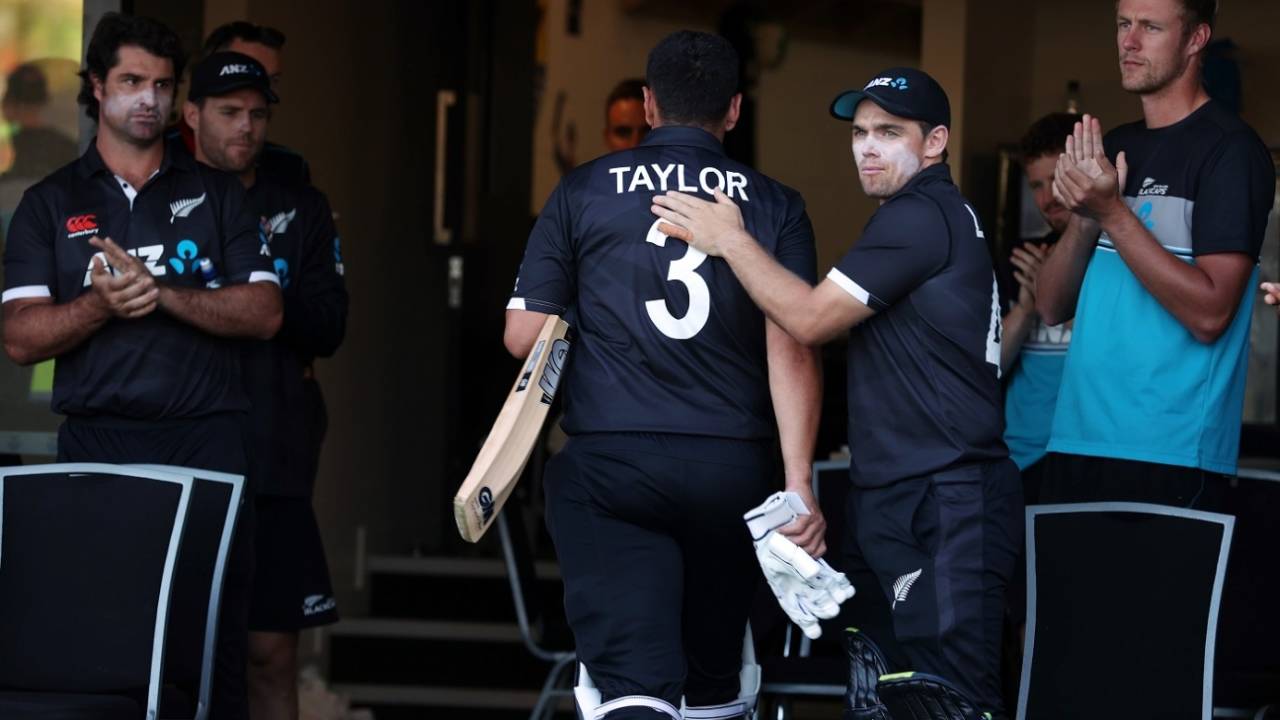 Tom Latham pats Ross Taylor on the back after the latter's final international innings ended, New Zealand vs Netherlands, 3rd ODI, Hamilton, April 4, 2022