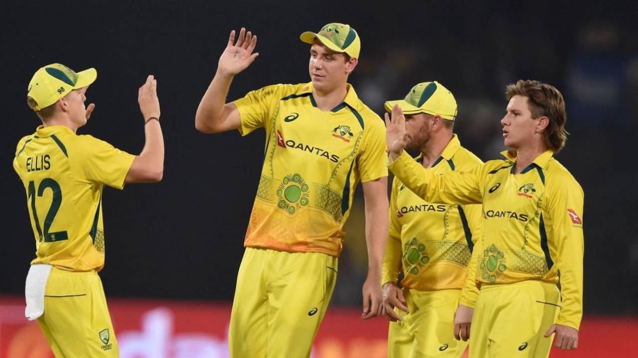 Nathan Ellis, Cameron Green and Adam Zampa, seen here celebrating Babar Azam's wicket, picked up seven wickets between them, Pakistan vs Australia, Only T20I, Lahore, April 5, 2022
