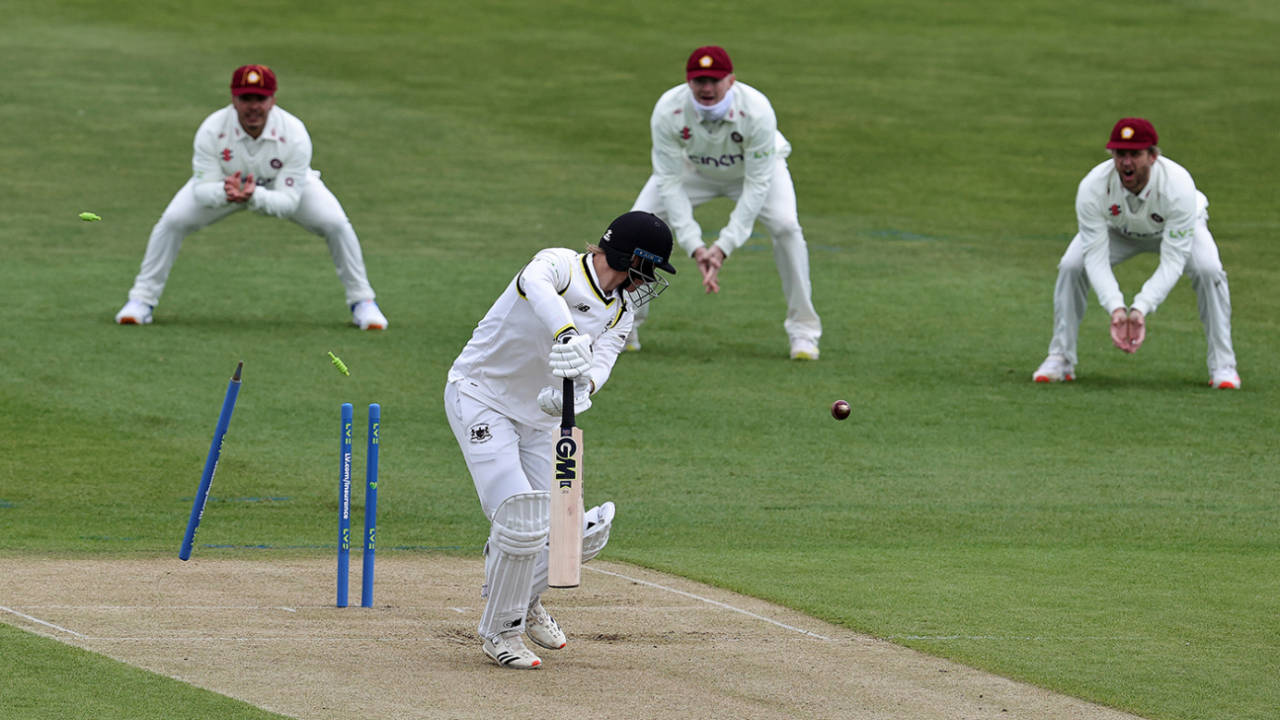 Ben Charlesworth loses his off stump, Northamptonshire vs Gloucestershire, LV= Insurance Championship, Division One, Wantage Road, April 7, 2022