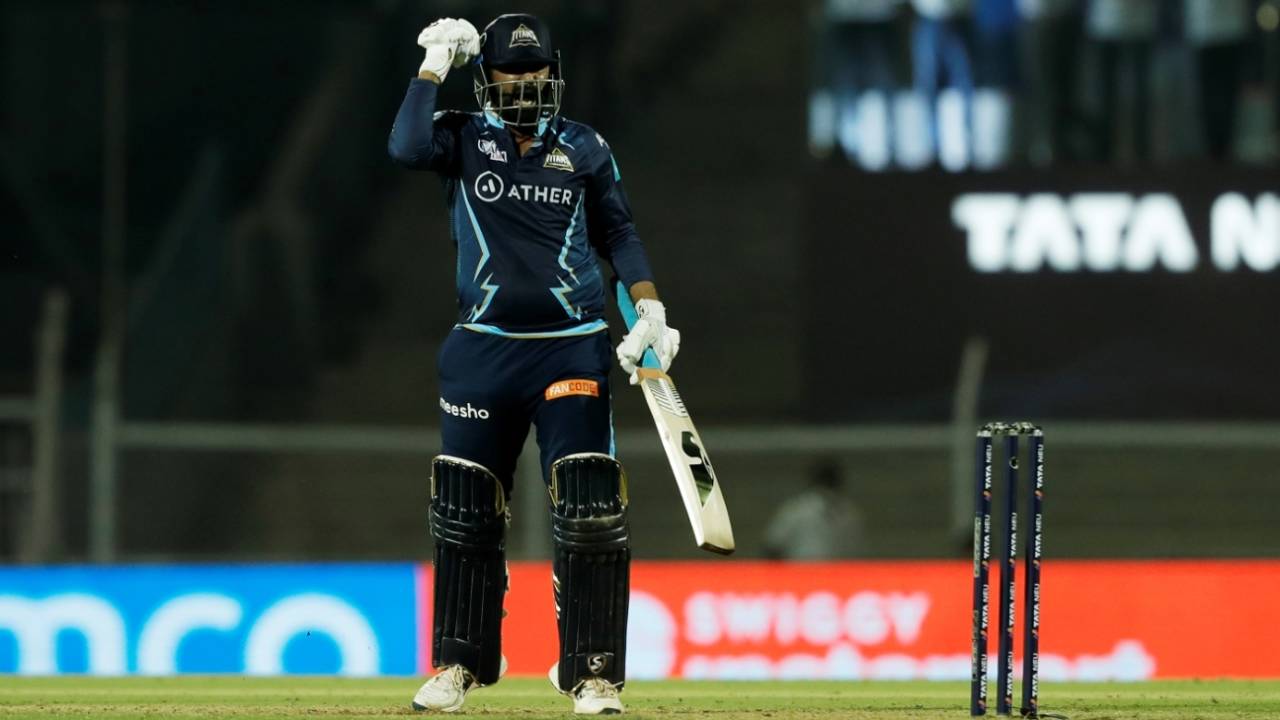 Rahul Tewatia roars after finishing the game with back-to-back sixes, Gujarat Titans vs Punjab Kings, IPL 2022, Brabourne Stadium, Mumbai, April 8, 2022