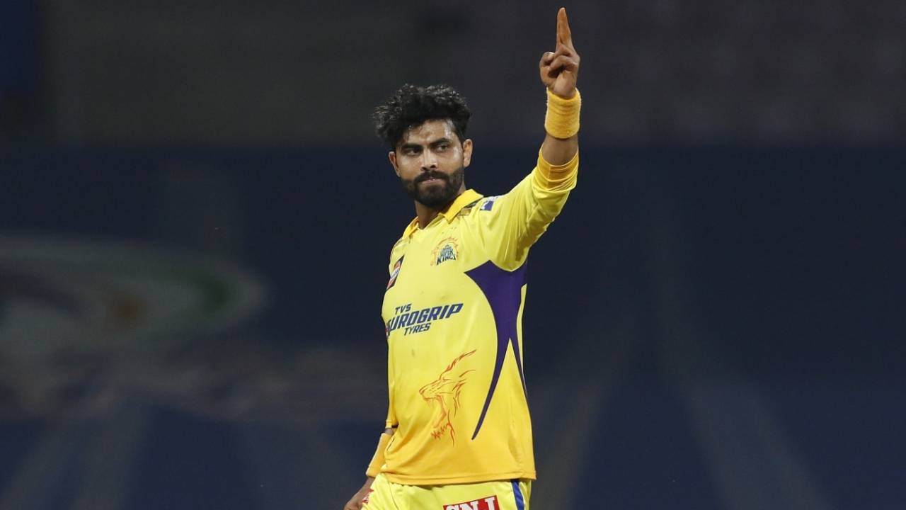 Ravindra Jadeja gestures after cleaning up Glenn Maxwell, Chennai Super Kings vs Royal Challengers Bangalore, IPL 2022, DY Patil Stadium, Navi Mumbai, April 12, 2022