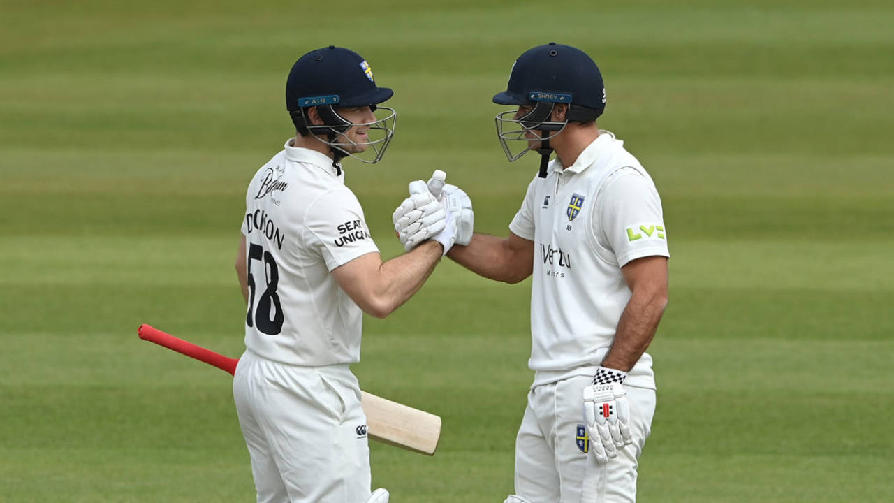 Sean Dickson congratulates David Bedingham on reaching his half-century, Durham vs Leicestershire, LV= Insurance County Championship division two, 1st day, Chester-le-Street, April 14, 2022
