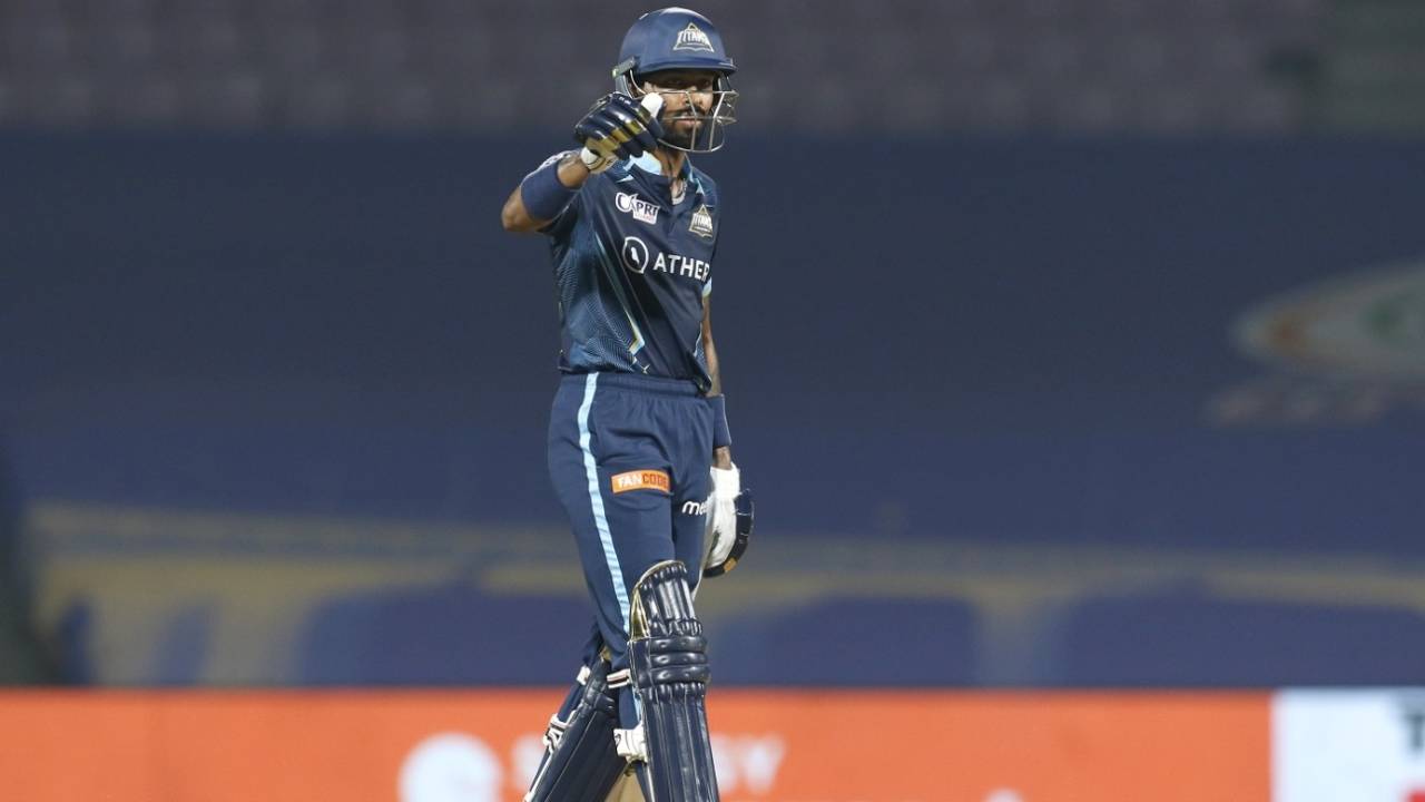 Hardik Pandya acknowledges the Gujarat Titans dugout after reaching his half-century, Gujarat Titans vs Rajasthan Royals, IPL 2022, DY Patil Stadium, Mumbai, April 14, 2022