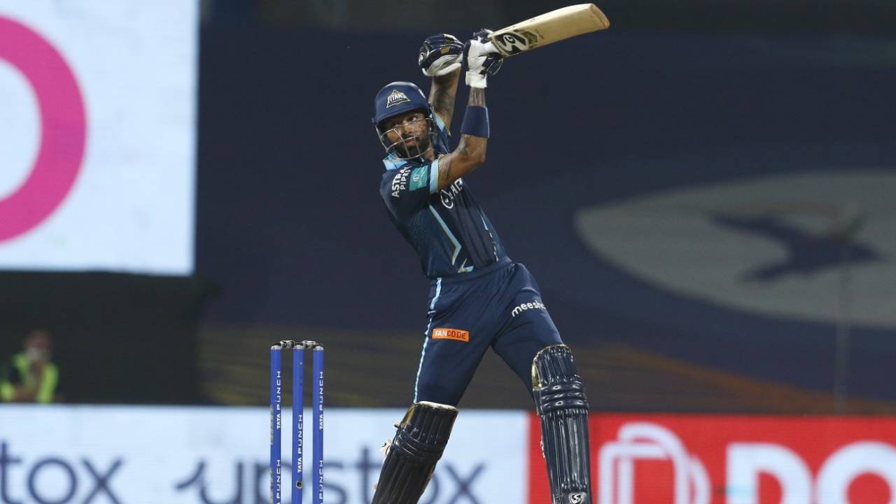 Hardik Pandya pummels one over the off side during his unbeaten 87 off 52 balls, Gujarat Titans vs Rajasthan Royals, IPL 2022, DY Patil Stadium, Mumbai, April 14, 2022