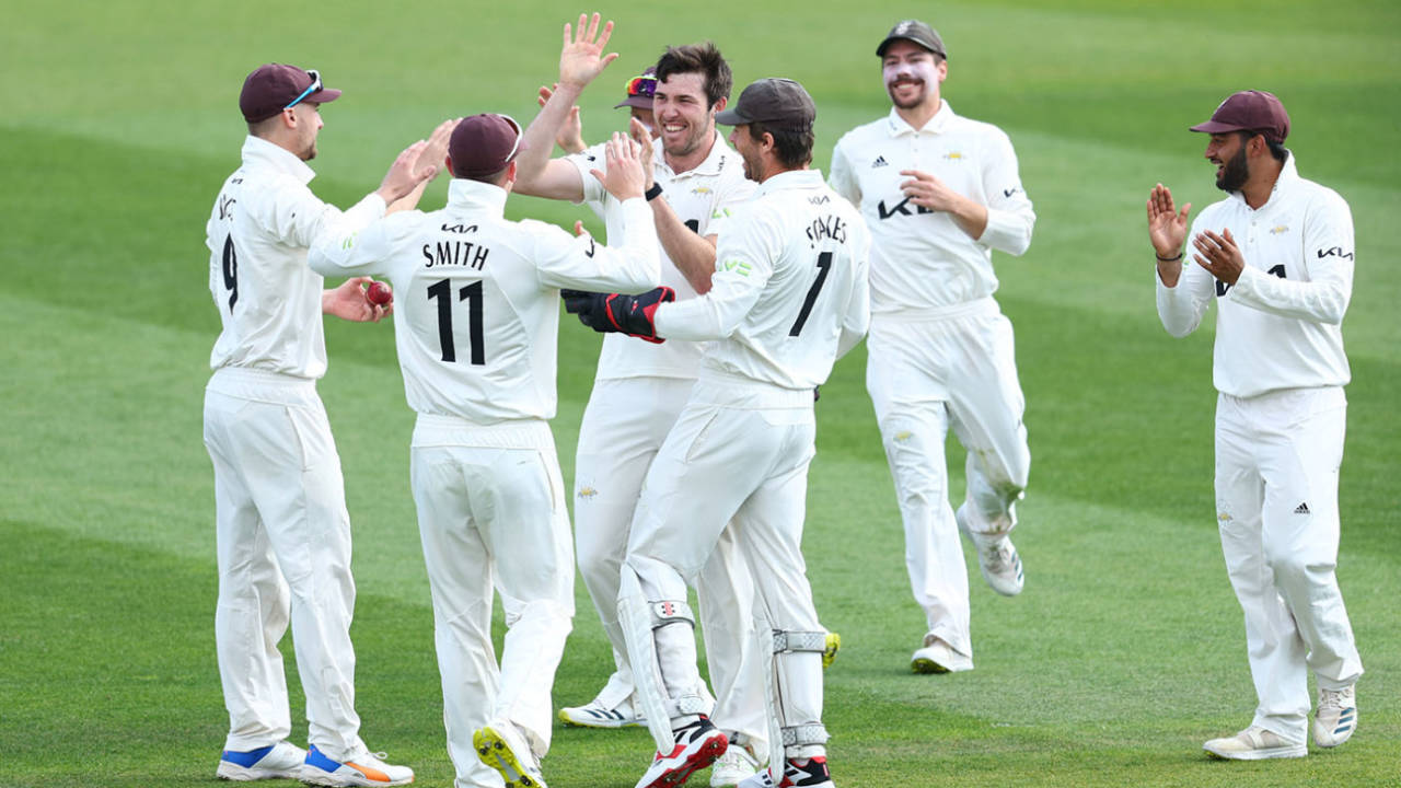 Jamie Overton celebrates with team-mates after dismissing Liam Dawson, Surrey vs Hampshire, LV= Insurance County Championship division one, 2nd day, The Kia Oval, April 15, 2022
