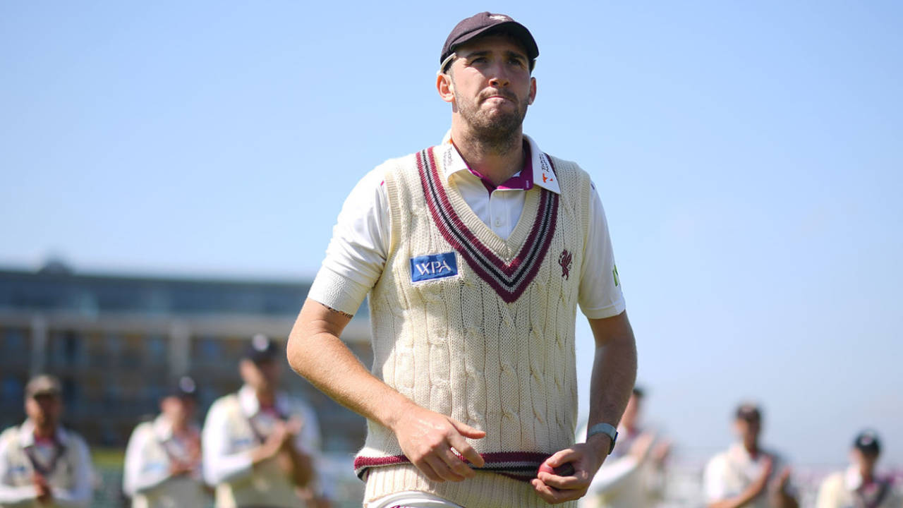 Craig Overton leads Somerset off after taking a career-best 7 for 57, Somerset vs Essex, LV= Insurance County Championship division one, 1st day, Taunton, April 15, 2022
