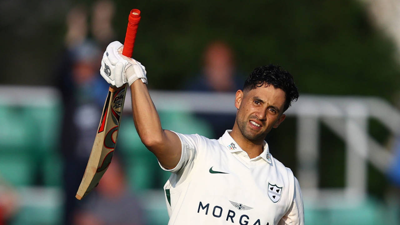 Brett D'Oliveira celebrates reaching his century, Worcestershire vs Sussex, LV= Insurance Championship, division two, New Road, April 21, 2022