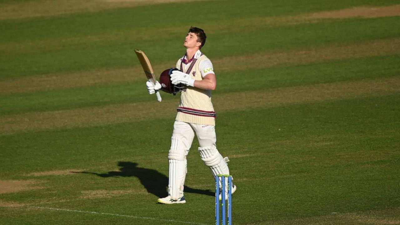 Tom Abell breathes a sigh of relief after bringing up three figures, Surrey vs Somerset, LV= Insurance Championship, Division One, The Kia Oval, 1st day,  April 21, 2022