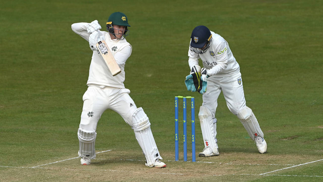 Ben Slater cuts on on his way past fifty, Durham vs Nottinghamshire, LV= Insurance Championship, Division Two, 2nd day, Chester-le-Street, April 21, 2022