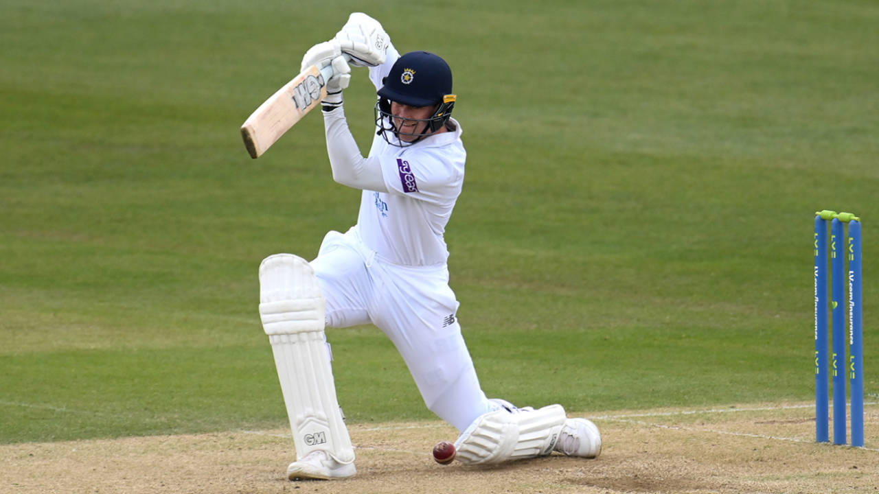 Nick Gubbins drives during a productive third-wicket stand, Kent vs Hampshire, LV= Insurance Championship, Division One, Canterbury, April 22, 2022