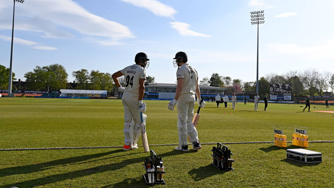 Openers Shan Masood and Billy Godleman prepare to bat, Leicestershire vs Derbyshire, LV= Insurance Championship, Grace Road, 1st day, April 21, 2022