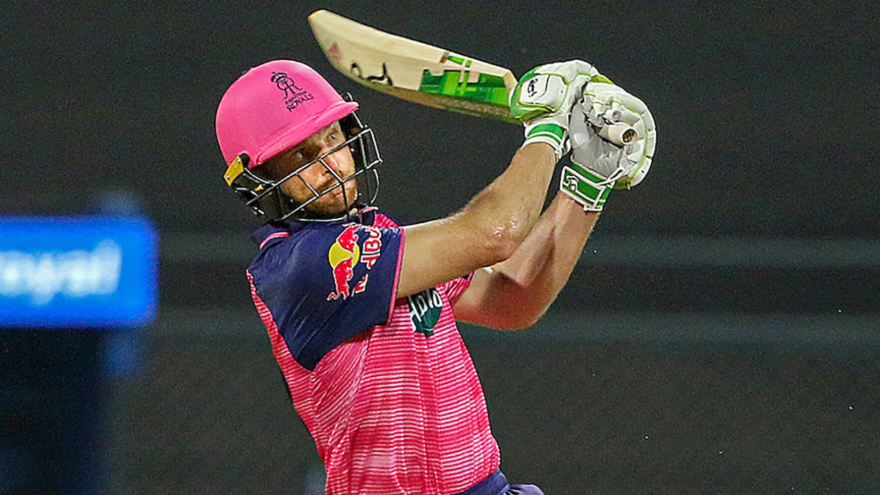 Jos Buttler hammers one of his nine sixes, this one over wide long-on, Delhi Capitals vs Rajasthan Royals, IPL 2022, Wankhede Stadium, Mumbai, April 22, 2022