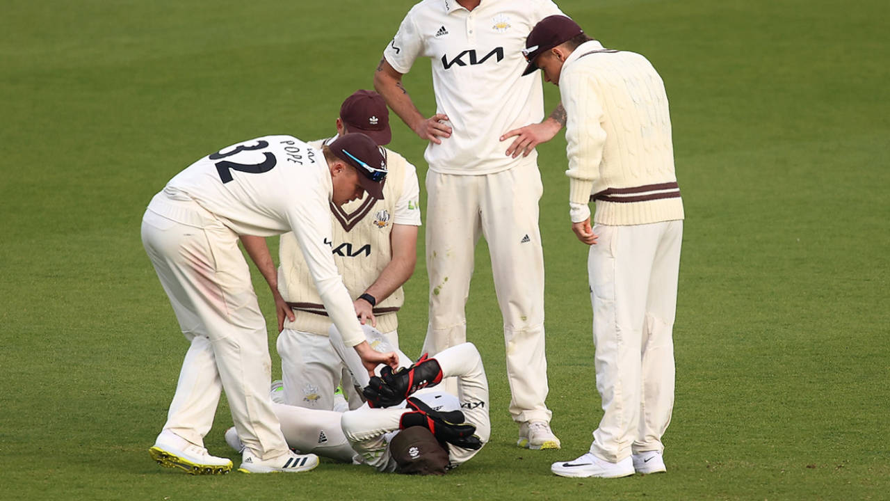 Ben Foakes left the field after a collision with Jamie Overton, Surrey vs Somerset, LV= Insurance Championship, Division One, 3rd day, The Kia Oval, April 23, 2022