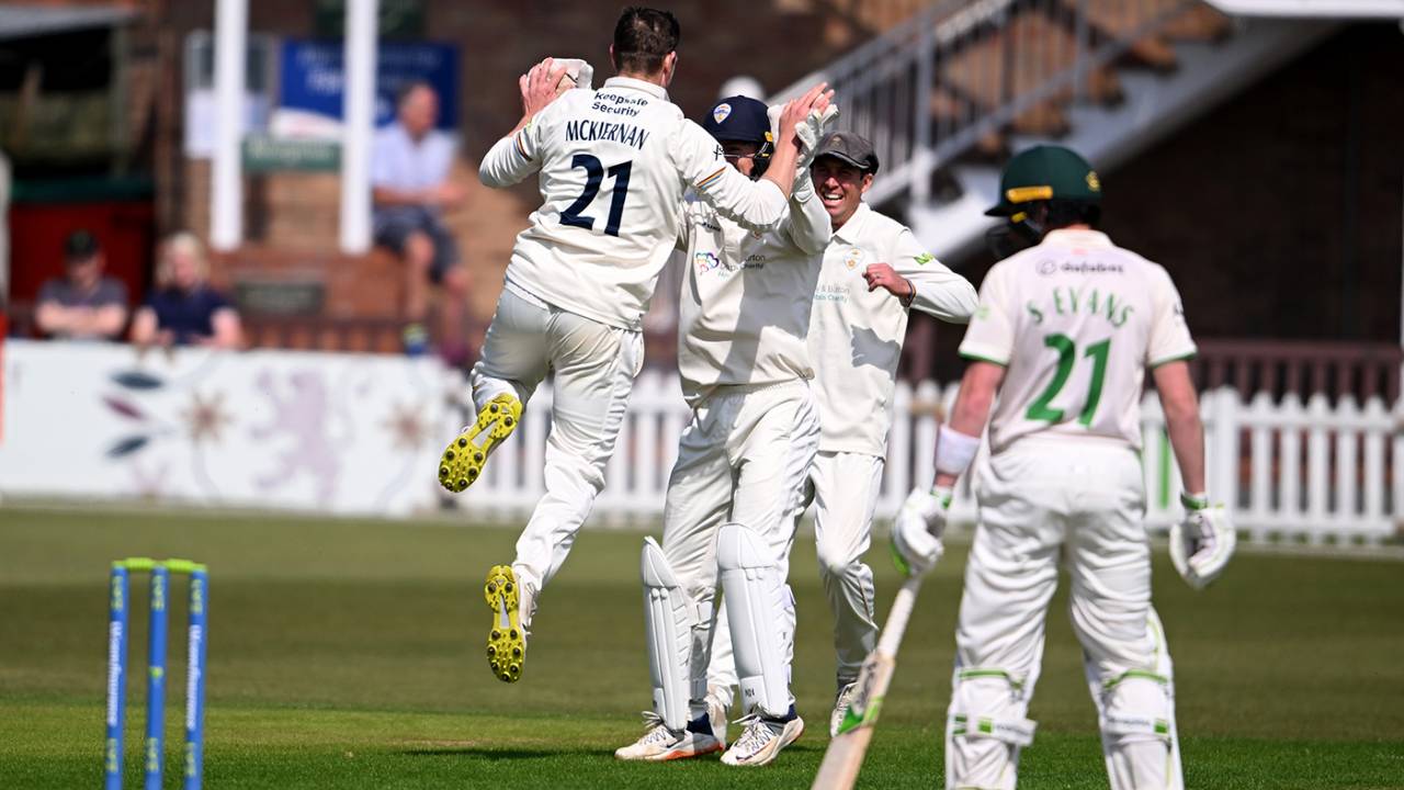 Mattie McKiernan scored a hundred and took two wickets in the match, Leicestershire vs Derbyshire, LV= Insurance Championship, Division Two, Grace Road, 1st day, April 21, 2022