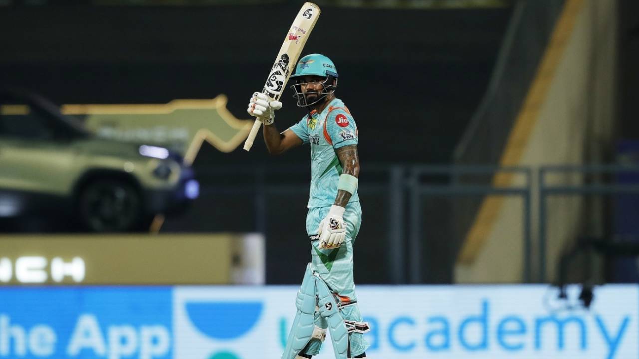 KL Rahul raises his bat after reaching a half-century, Lucknow Super Giants vs Mumbai Indians, IPL 2022, Wankhede Stadium, April 24, 2022