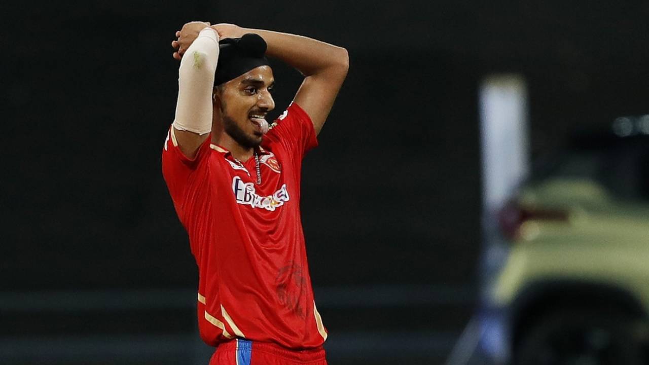 Arshdeep Singh wears a relieved look after coming out unscathed at the death, Chennai Super Kings vs Punjab Kings, IPL 2022, Wankhede Stadium, Mumbai, April 25, 2022