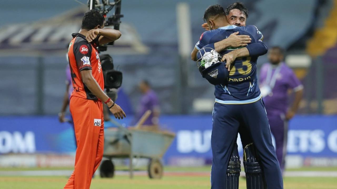 Hardik Pandya hugs Rashid Khan after another dramatic Titans win, Gujarat Titans vs Sunrisers Hyderabad, IPL 2022, Wankhede Stadium, Mumbai, April 27, 2022