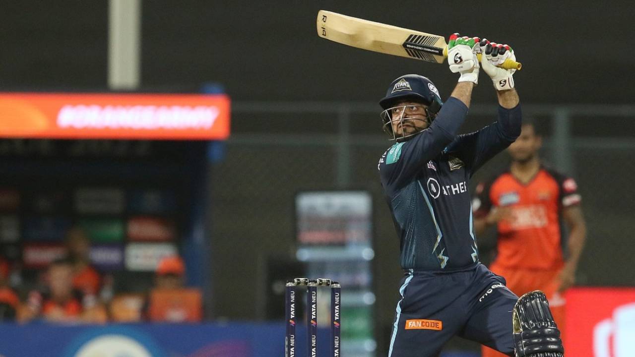 Rashid Khan flays a six over extra cover, Gujarat Titans vs Sunrisers Hyderabad, IPL 2022, Wankhede Stadium, Mumbai, April 27, 2022