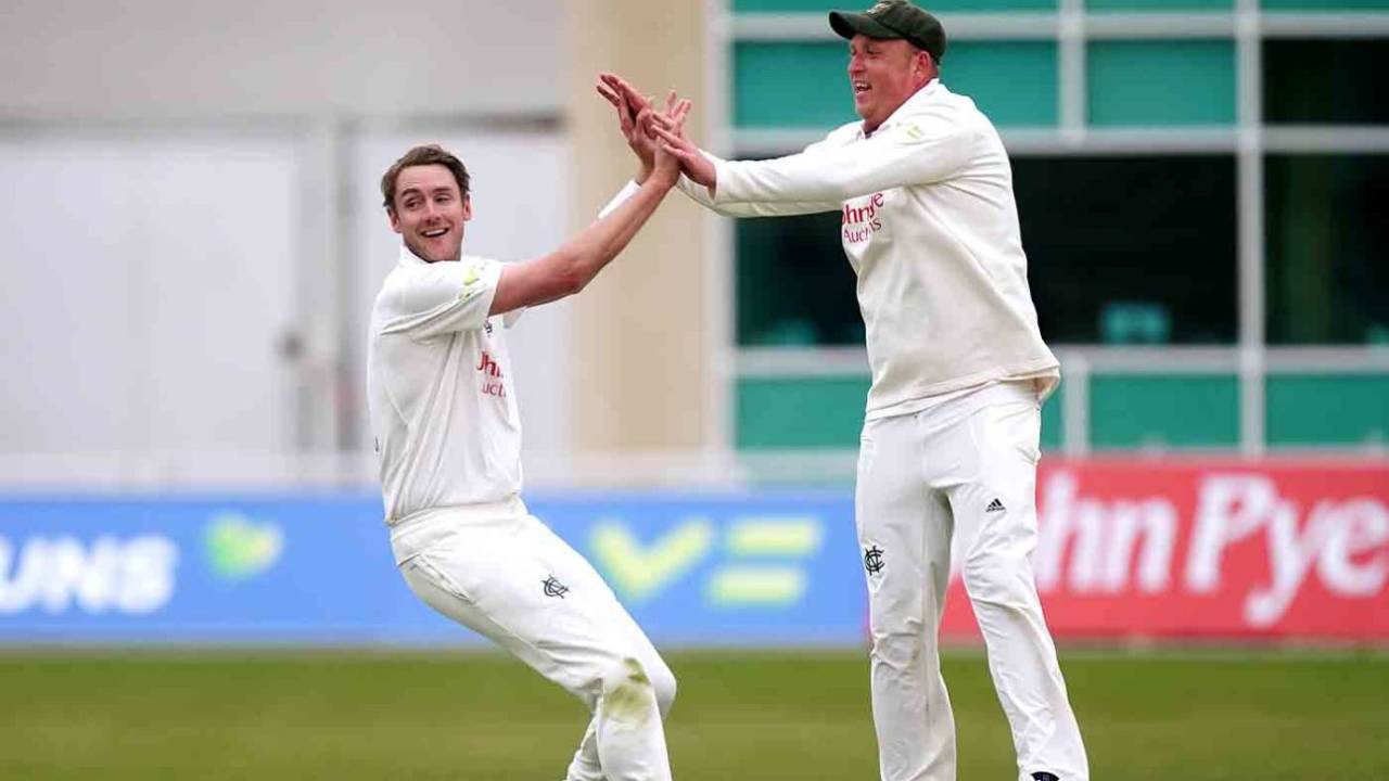 Stuart Broad celebrates a wicket on his first appearance of the season&nbsp;&nbsp;&bull;&nbsp;&nbsp;Getty Images