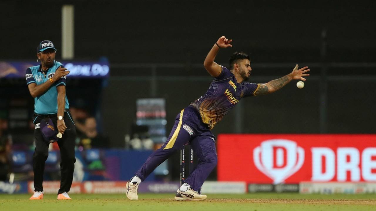 Umpire Anil Chaudhary takes evasive action while Nitish Rana dives to his left, IPL 2022, Wankhede Stadium, Mumbai, April 28, 2022