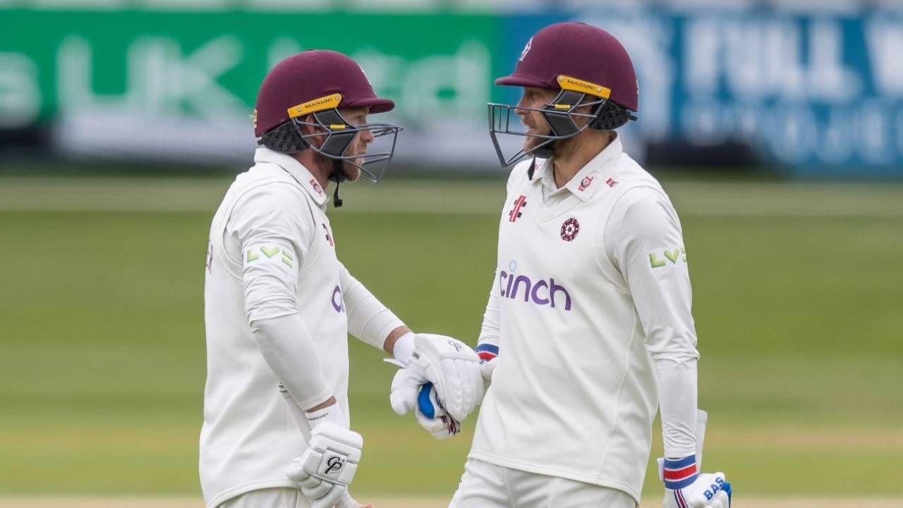 Luke Procter is congratulated by team-mate Gareth Berg on reaching his century, Essex vs Northamptonshire, LV= Insurance Championship, Division One, Chelmsford, April 29, 2022