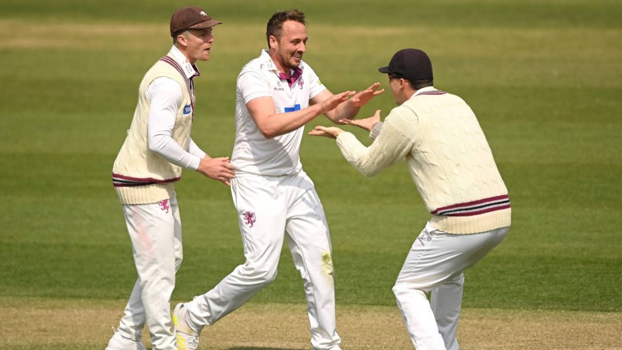 Josh Davey celebrates the wicket of Rob Yates, Somerset vs Warwickshire, LV= Insurance Championship, Division One, Taunton, April 29, 2022