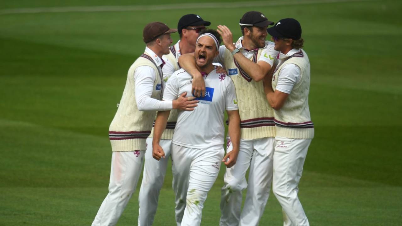 Jack Brooks of Somerset celebrates after taking the wicket of Danny Briggs, Somerset vs Warwickshire, LV= Insurance Championship, Division One, Taunton, April 30, 2022