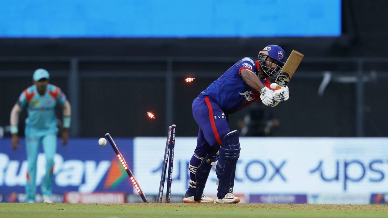 Rishabh Pant was bowled by Mohsin Khan for 44, Delhi Capitals vs Lucknow Super Giants, IPL 2022, Wankhede Stadium, Mumbai, May 1, 2022