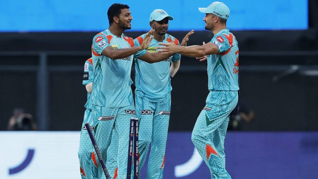 Mohsin Khan and Marcus Stoinis celebrate a wicket, Delhi Capitals vs Lucknow Super Giants, IPL 2022, Wankhede Stadium, May 1, 2022
