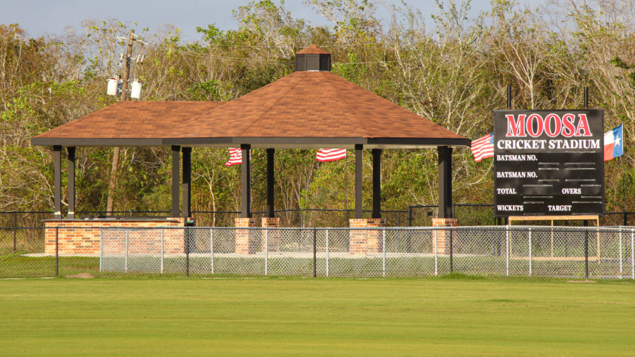 Moosa Stadium scoreboard with a covered picnic area beyond the boundary, Pearland, November 10, 2015