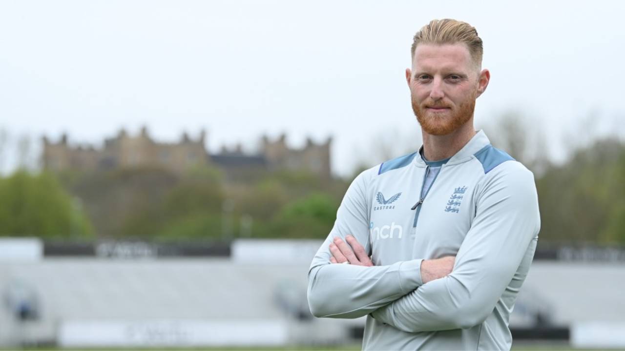 Ben Stokes poses on the outfield at Chester-le-Street after being unveiled as England Test captain, Chester-le-Street, May 3, 2022